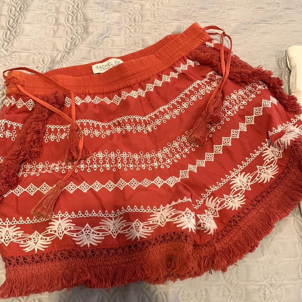 Rachel, Zoe embroidered shorts. Tassel trim on both sides. Size medium, cotton